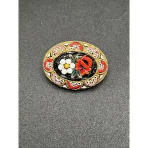 Vintage Italian Micro Mosaic Floral Oval Brooch Pin Gold Tone 1950’s